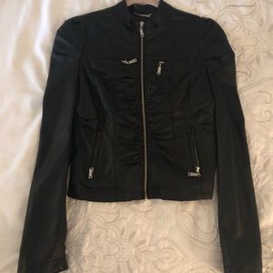 Black Ruched Faux Leather Jacket